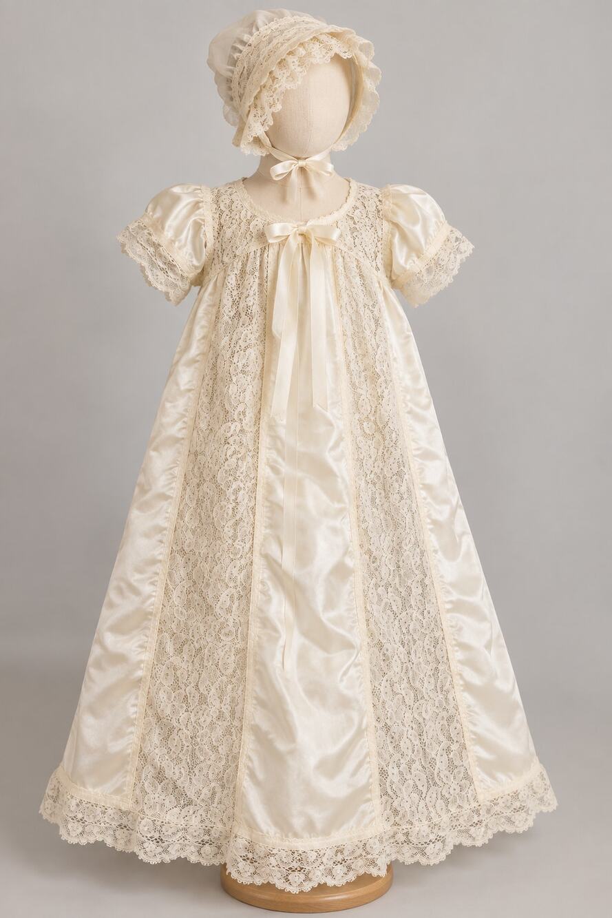 Vintage Baby Christening Gown Lace Satin Baptism Dress Matching Bonnet Heirloom